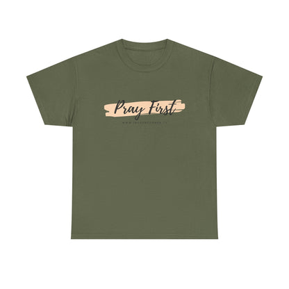 Pray First Tee — Faith-Inspired Christian Shirt with Script Brushstroke Design