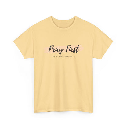 Pray First Tee — Faith-Inspired Christian Shirt with Script Brushstroke Design
