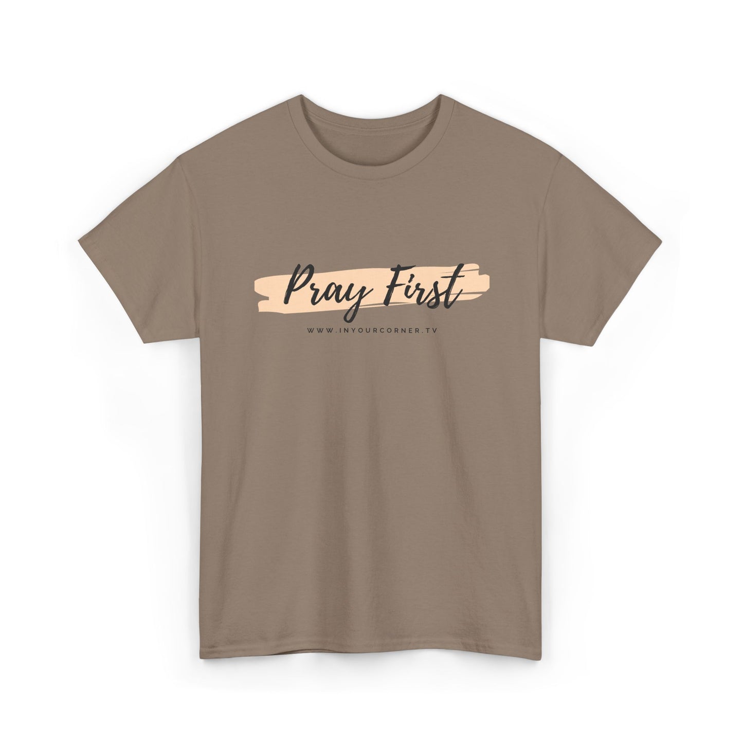 Pray First Tee — Faith-Inspired Christian Shirt with Script Brushstroke Design