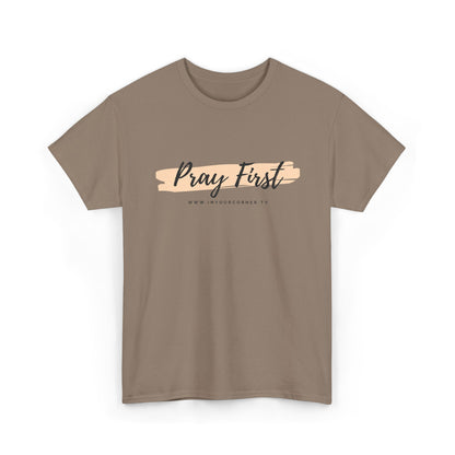 Pray First Tee — Faith-Inspired Christian Shirt with Script Brushstroke Design