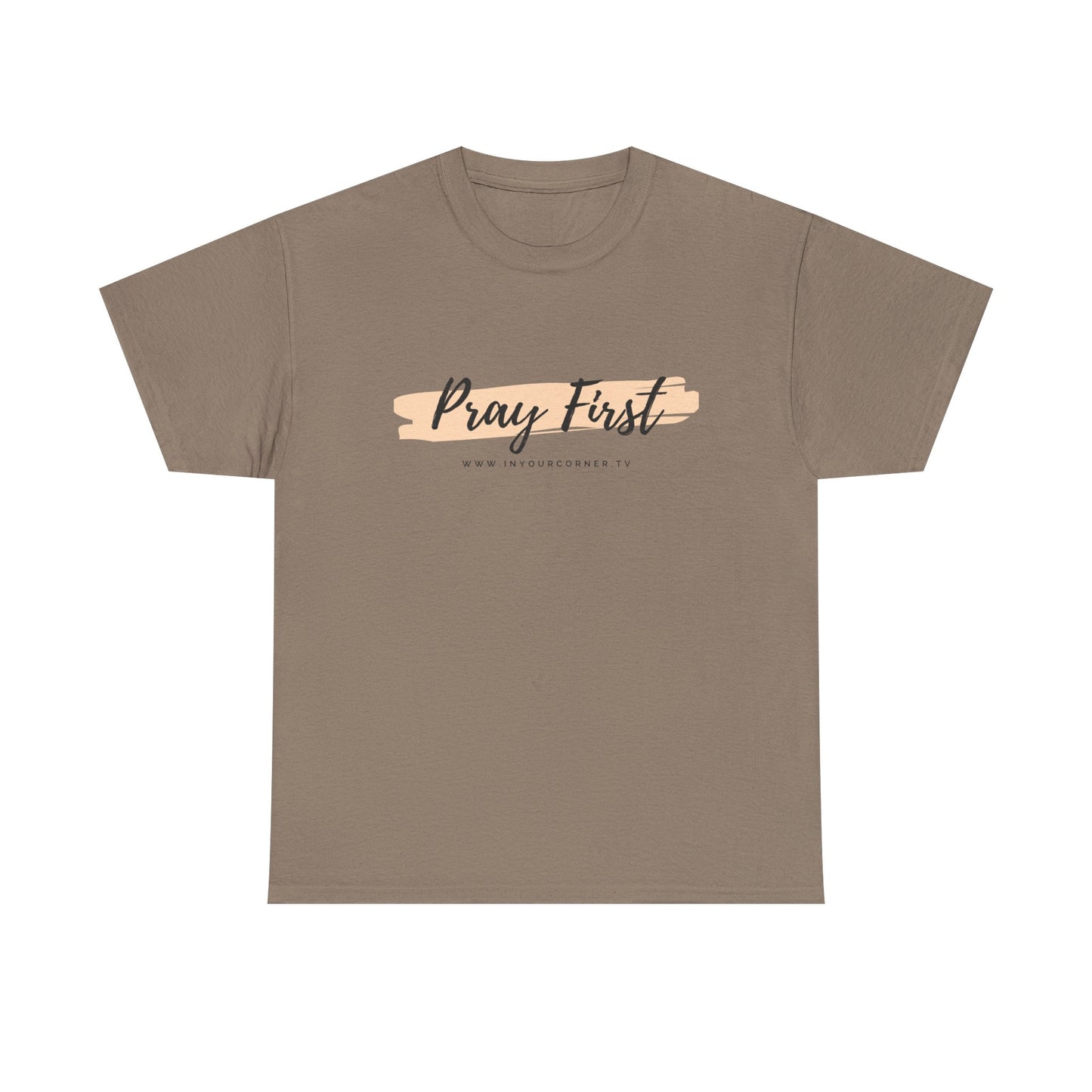 Pray First Tee — Faith-Inspired Christian Shirt with Script Brushstroke Design