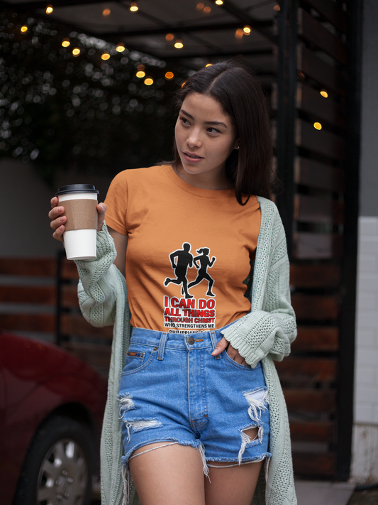 Christian Running T-shirt — "I Can Do All Things with Christ" Scripture Tee