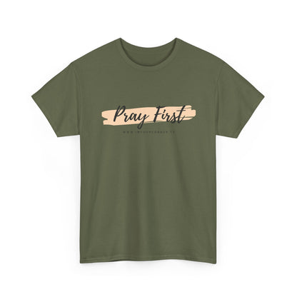 Pray First Tee — Faith-Inspired Christian Shirt with Script Brushstroke Design
