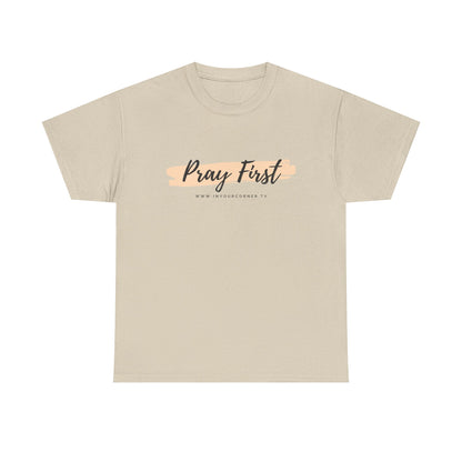 Pray First Tee — Faith-Inspired Christian Shirt with Script Brushstroke Design